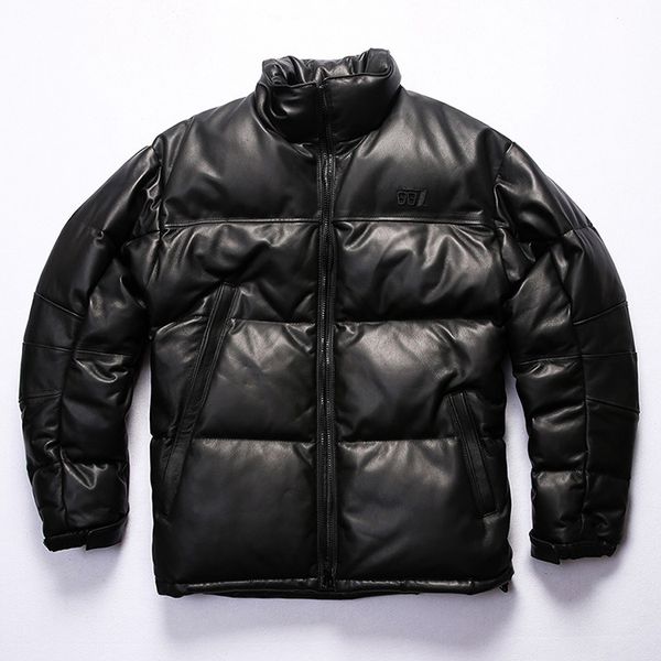 

states fertilizer plus-size sports leisure leather coats male collar stitching sheep skin leather feather garment, Black