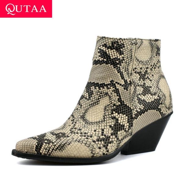 

qutaa 2020 square heel pointed toe warm fur zipper women shoes fashion snakeskin pu leather autumn winter ankle boots size 34-43, Black