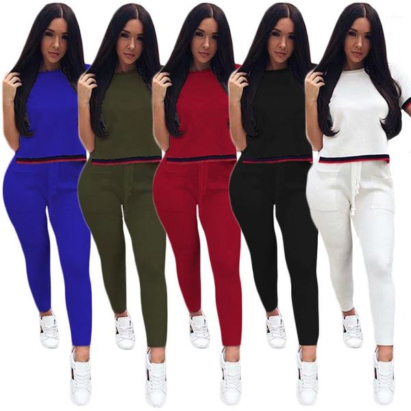 

дизайнер casual костюмы summer щитовые двухкусочный outfit моды с коротким рукавом карандаш брюки женские одежда женская, Gray