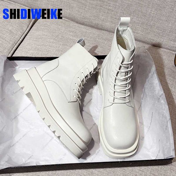 

2020 women platform boots genuine leather ankle boots female lace up winter shoes woman fashion punk motorcycle ac144, Black