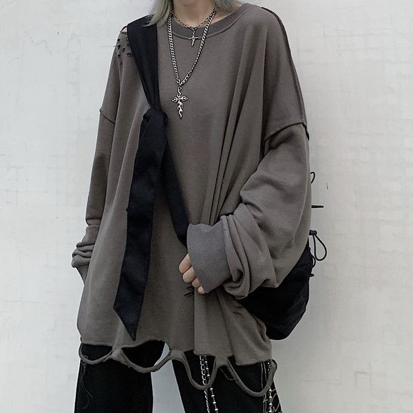 

осень новая корея harajuku street hip hop hole с длинным рукавом толстовка женщины ins моды водолазку o-lead casual women толстовка, Black