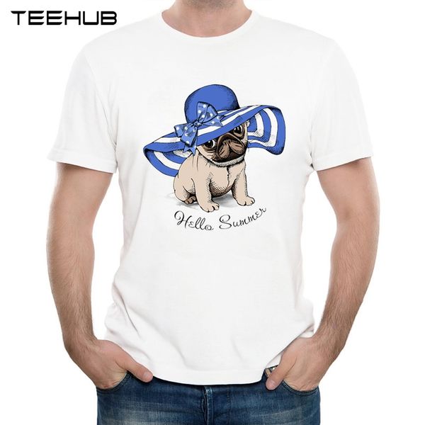 

2019 men's new fashion funny pug puppy in a blue sun hat printed short sleeve t-shirt summer cool soft tee