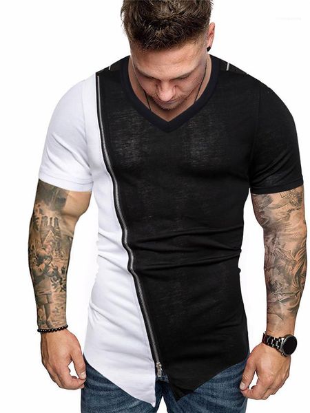 

pu patchwork summer tshirts designer man zipper v-neck irregular fashion casual men high street mens, White;black