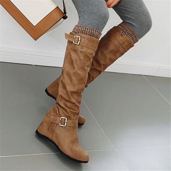 

pxelena autumn hidden heels knee high boots women pleated buckle slip on riding knight punk gothic long boots shoes plus size, Black