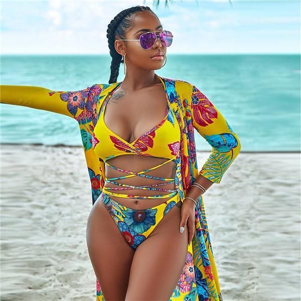 

bikini ladies fashion high waist swimsuits summer three pieces womens swimwear floral print beach, White;black