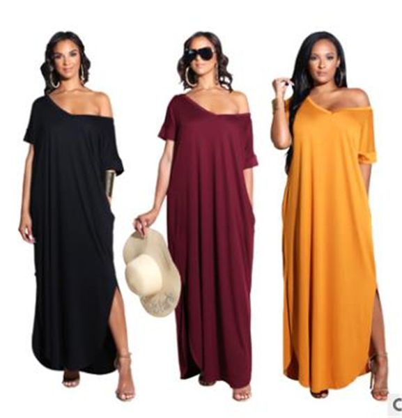 

womens designer dresses v neck split asymmetrical loose solid color dress plus size summer female clothing, Black;gray