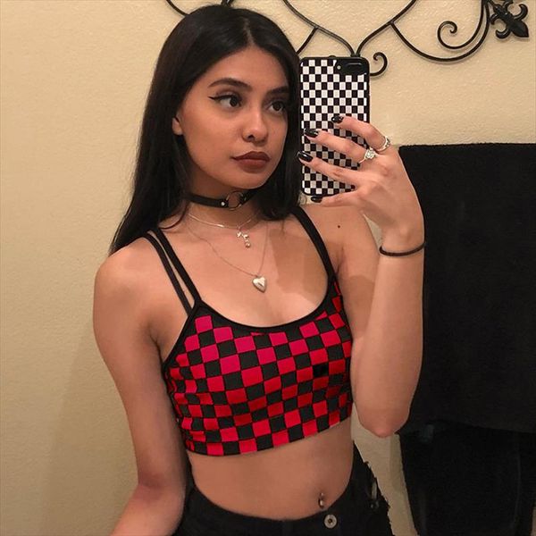 

2020 women black white red plaid crop streetwear short camis checkerboard spaghetti strap camisoles fashion top