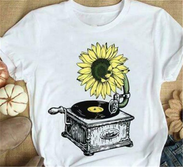 

sunflower retro cd player ladies t-shirt white cotton s-3xl gym tee shirt
