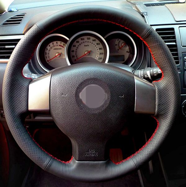 Coprivolante per auto in pelle artificiale nera cucita a mano fai-da-te per Nissan Tiida 2004-2010 Sylphy 2006-2011 Versa 2007-2011