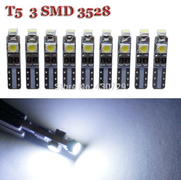 

10x car auto led t5 3 led smd 3528 wedge light bulb lamp 3smd white dashboard warning indicator instrument lights for car
