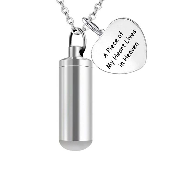 

cylinder stainless steel cremation ashes urn pendant keepsake memorial jewelry -a piece of my heart lives in heaven, Silver