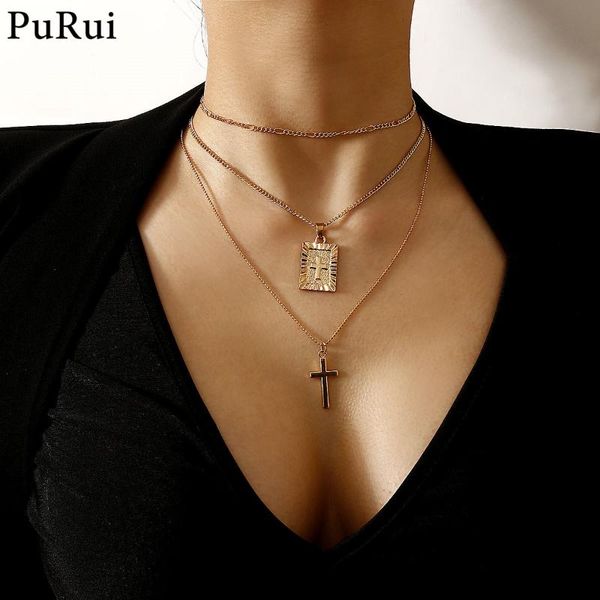 

punk choker necklace multilayer cross long cuban link chain pedant necklace for women men metal gold color jewelry, Silver