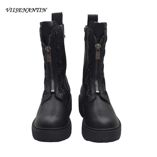 

women's autumn winter new wild british style front zipper trendy ankle boots round toe thick heel handsome motorcycle boots, Black
