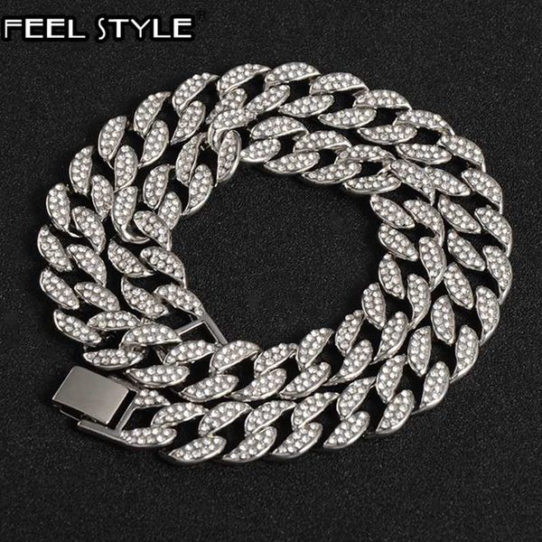 

15mm miami curb iced out cuban chain necklace gold gold paved rhinestones cz bling rapper necklaces for men hip hop jewelry, Silver