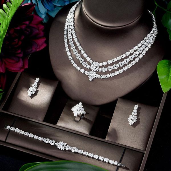 

hibride nigeria 4pcs bridal cubic zirconia jewelry sets for women party necklace earring set bijoux femme ensemble n-1194, Silver