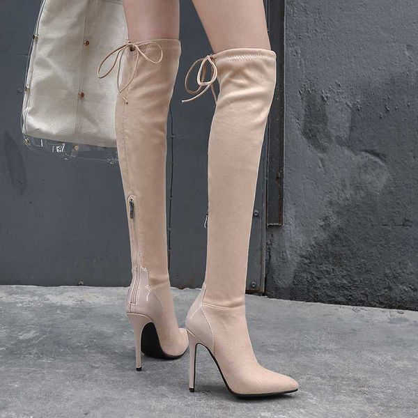 

over the knee boots women autumn and winter high boots stiletto pointed toe side zipper high heel lace up thigh long women, Black