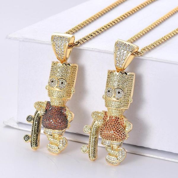 

ear shiny skateboard cartoon doll pendant necklace gold color iced out cubic zircon men's hip hop jewelry choker gifts, Silver