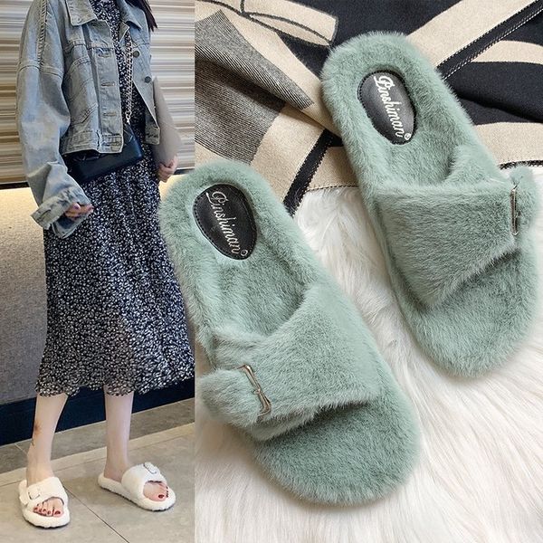 

open toe indoor buckle winter women fur slippers flat flat with casual women shoes leisure sweet solid slides shallow, Black