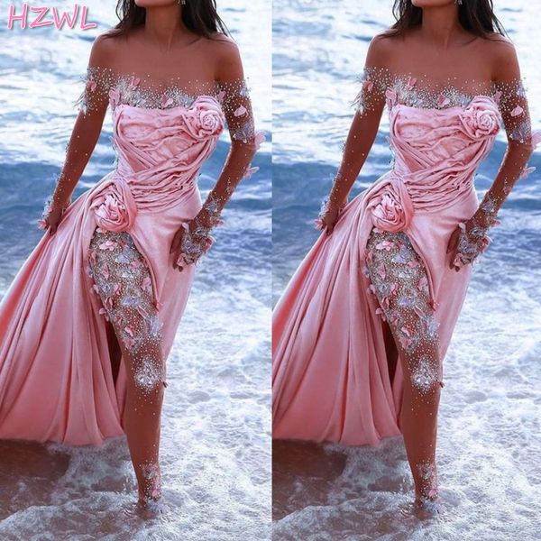 

gorgeous sheer neck long sleeves prom dresses with 3d flower appliques ruched satin high split evening gowns sweep train robe, Black