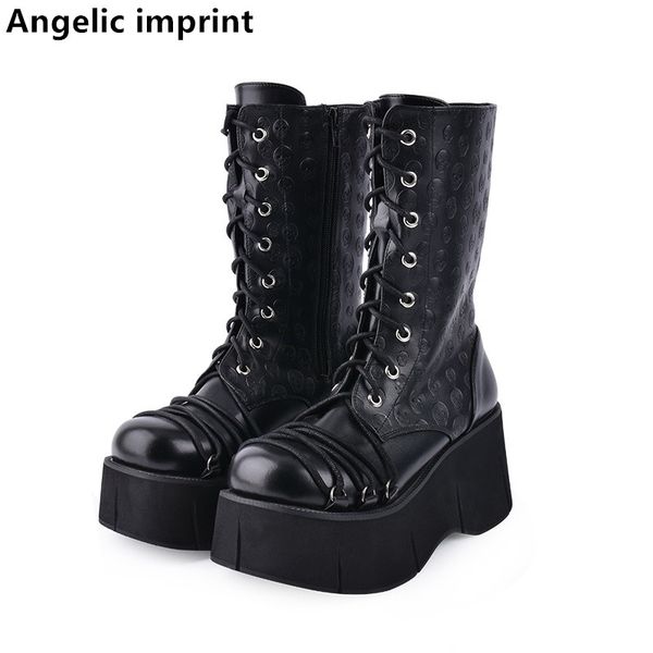 

angelic imprint mori girl women motorcycle punk boots lady lolita middle boots woman high heels pumps shoes print skull 8cm lace, Black