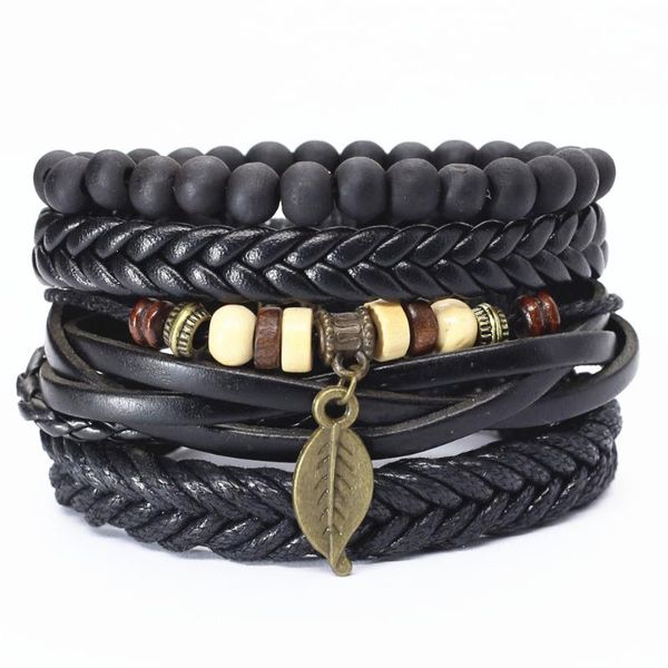 

tennis beaded leaf scorpion star charm weave leather bracelets men women homme femme male wood jewelry 4 pcs/set wholesale, Golden;silver