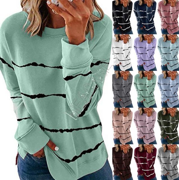 

5xl tie-dyed printing women's striped pullovers hoodies autumn long-sleeved t-shirt round neck loose blouses shirt casual sport d91714, White