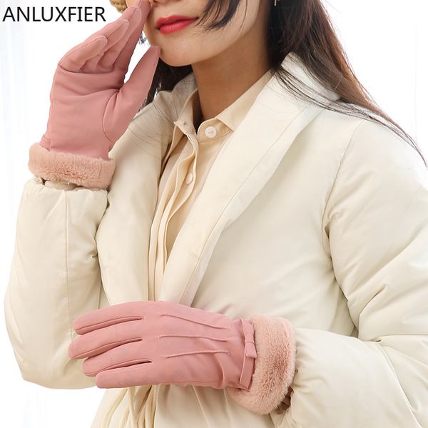 

five fingers gloves h9952 women winter plush thick windproof warm mittens autumn outdoor driving touch screen korean bowknot trendy hand muf, Blue;gray