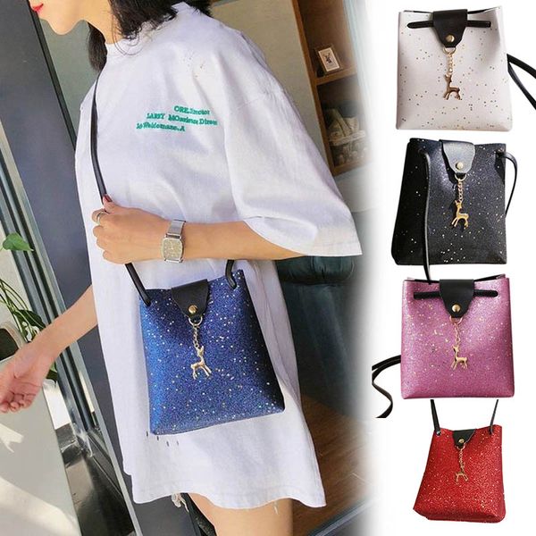 

new women sequins leather shoulder bag cute deer pendant toy messenger bags gifts girls crossbody bags bolsos mujer