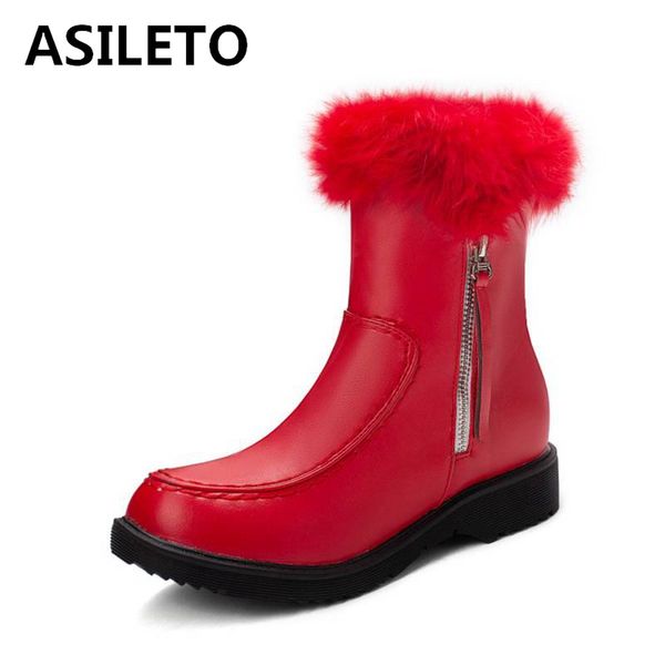 

asileto women ankle boots round toe platform square thcik boots fur zipper snow winter's warm big size 34-43 casual, Black