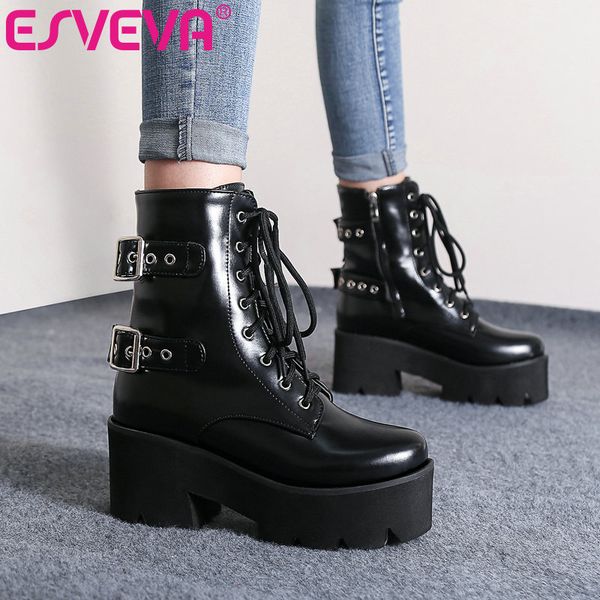 

esveva 2021 fashion zipper lace up pu leather ankle boots autumn winter ladies round toe square high heel women shoes size 34-43, Black