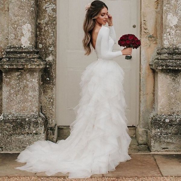 

2020 элегантный оборками сад свадебные платья с длинными рукавами sexy открыть назад tiers boho пляж свадебное платье плюс размер свадебные, White