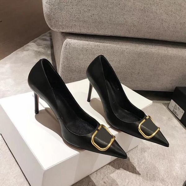 

luxury desinger women thin heels 2020 all-match temperament metal v buckle french pointed single shoes shallow mouth women shoes, Black