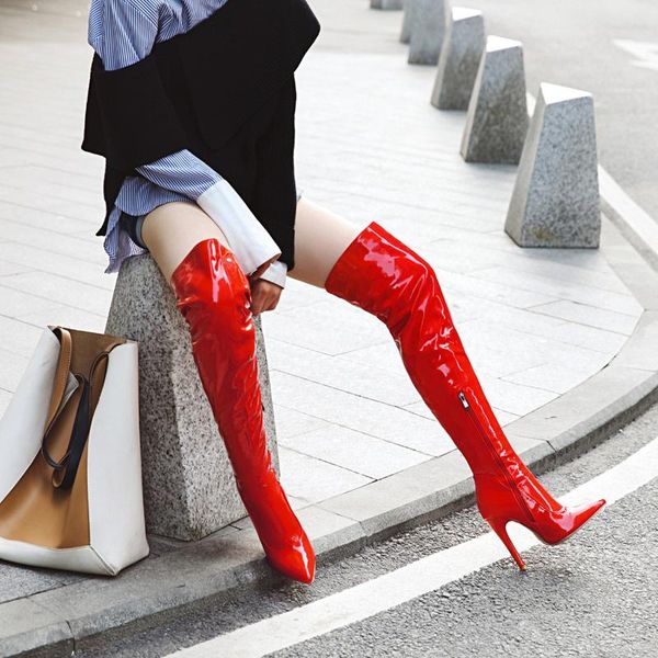 

natascha winter leather thigh high boots women high heels over the knee boots for women point toe fetish party long shoes, Black