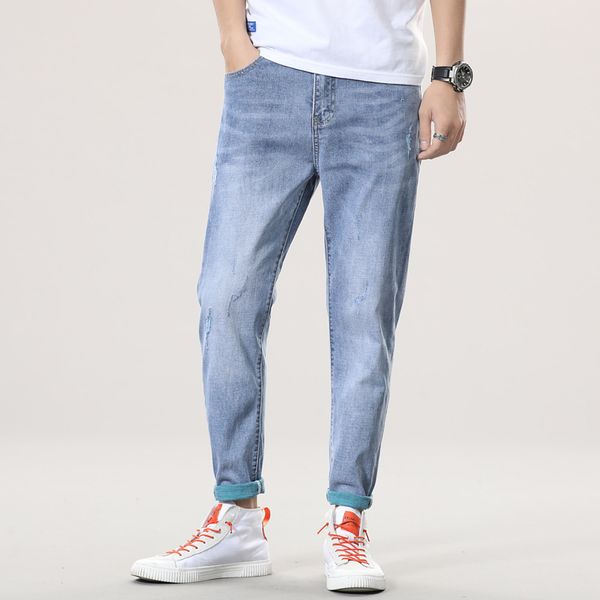 

men's jeans european american style cotton distressed men casual retro ripped stretch slim denim for, Blue