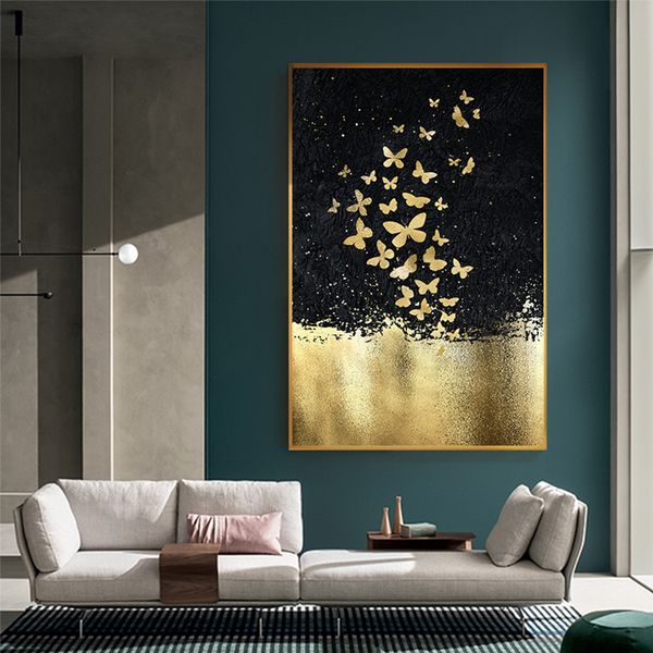 

abstract golden butterfly dancing in the sky canvas painting wall art picture for living room home decor modern minimalism style