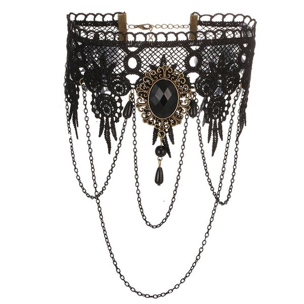 

black lace choker necklace 2020 gothic wide crystal drop chain pendant vintage choker necklaces women party chocker n1770, Golden;silver