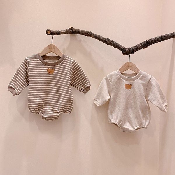 

new born мода мальчики с длинным рукавом bodysuit осень зима мультфильм медведь одежда o-образным вырезом полосатая печать комбинезоны наряд, Blue