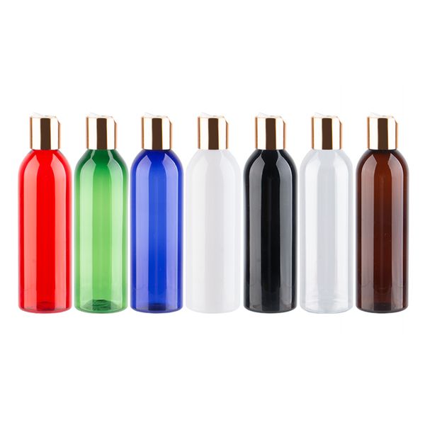 

empty round colored plastic bottles with gold collar disc cap 250ml pet containers for shower gel lotion scream