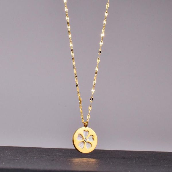 

gold plated stainless steel round white shell flower pendant necklace women fashion jewelry, elegant snake neck chain necklaces, Silver