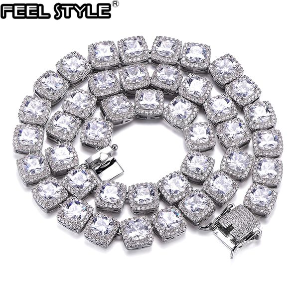 

chains 10mm bling iced out cubic zirconia bracelet necklace geometric square cz stone tennis chain for men hip hop women jewelry, Silver