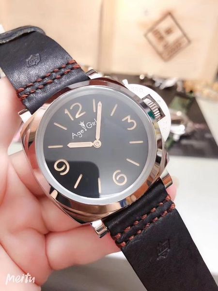 

classic new men automatic mechanical hand wind sapphire stainless steel black brown leather luminous 1950 watch glass back, Slivery;brown
