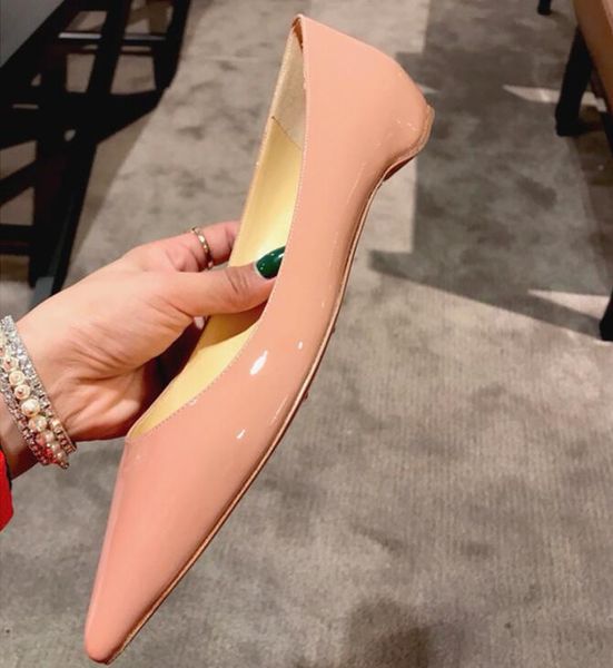 

brand women flat shoes soled red genuine leather women wedding shoes nude patent leather pointed toe flat 35-42 box bag, Black