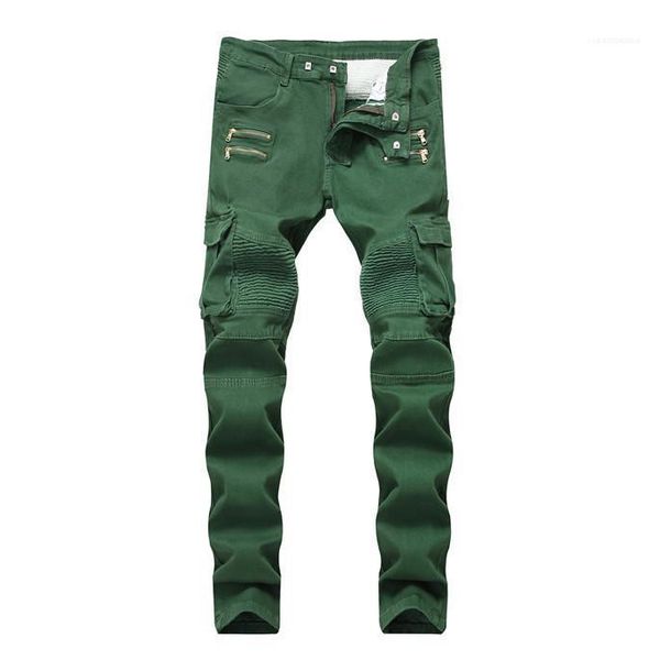 

army green карманы мужские прямые джинсы с застежкой-молнией моды мужской одежды морщинистой тонкий середины талии мужские джинсы, Blue