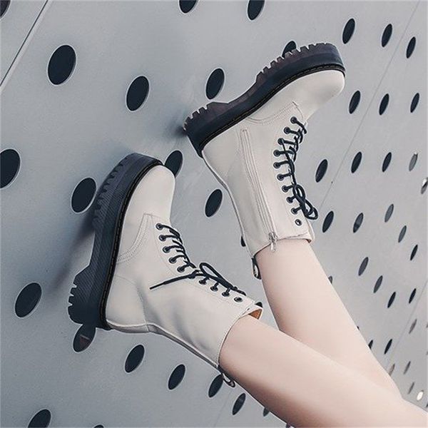 

fashion zipper flat shoes woman high heel platform pu leather boots lace up women shoes white military botas mujer girls 200924, Black