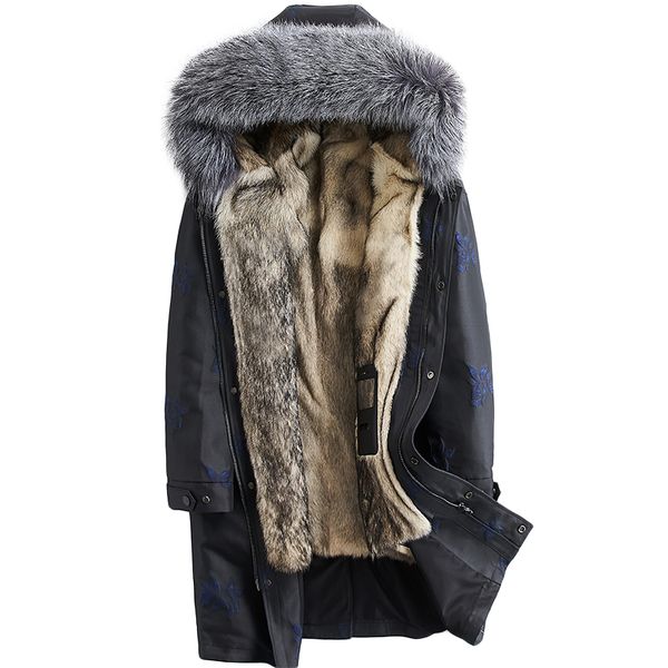 

real wolf fur coat men parka winter jacket silver fur collar parkas plus size manteau homme hiver xxll001 kj1581, Black