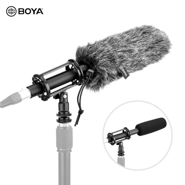 

boya super-cardioid condenser microphone support battery or phantom power supply with mount foam windshield carrying bag