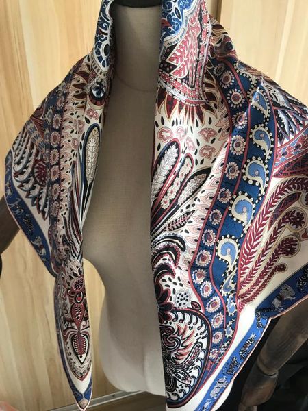 

2020 new arrival spring autumn classic paisley 100% pure silk scarf twill hand made roll 90*90 cm shawl wrap for women lady, Blue;gray