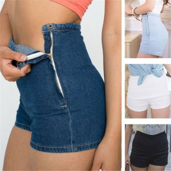 

summer women slim high waist jeans denim tap short shortstight a side button, White;black