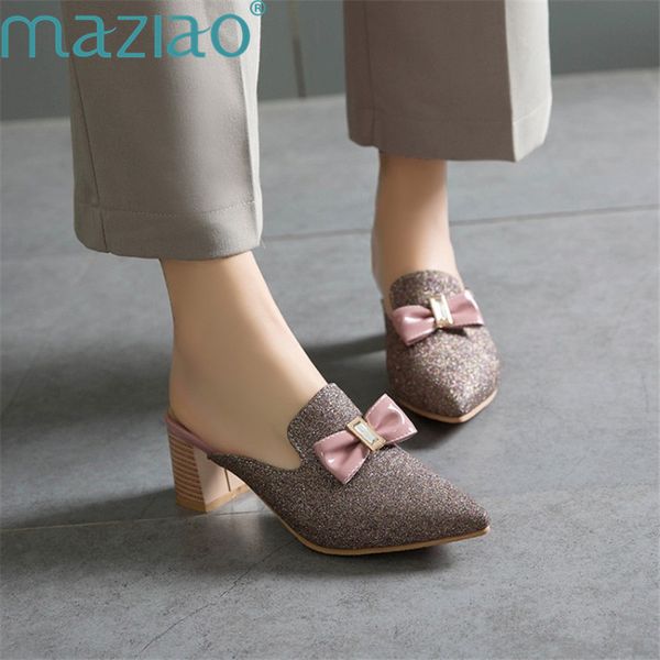 

slippers women pointed toe metal decoration bow-knot thick heels party shoes woman high heel shoes maziao, Black
