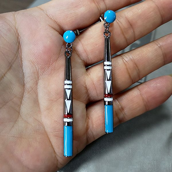 

vintage blue stone long rod падение серьги моды lady племенной ювелирные изделия ручной работы металла этнический boho серьги для женщин луч, Silver